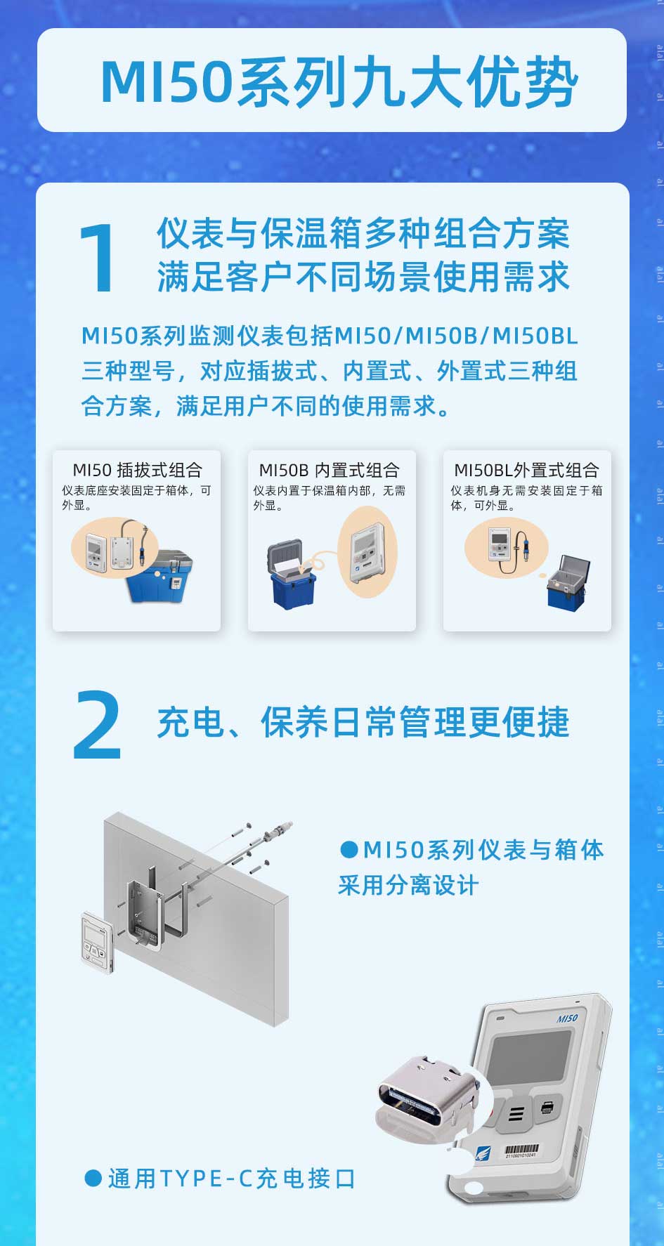 MI50系列溫度監(jiān)測儀表包括MI50/MI50B/MI50BL三種型號，對應(yīng)插拔式、內(nèi)置式、外置式三種組合方案，滿足用戶不同的使用需求。