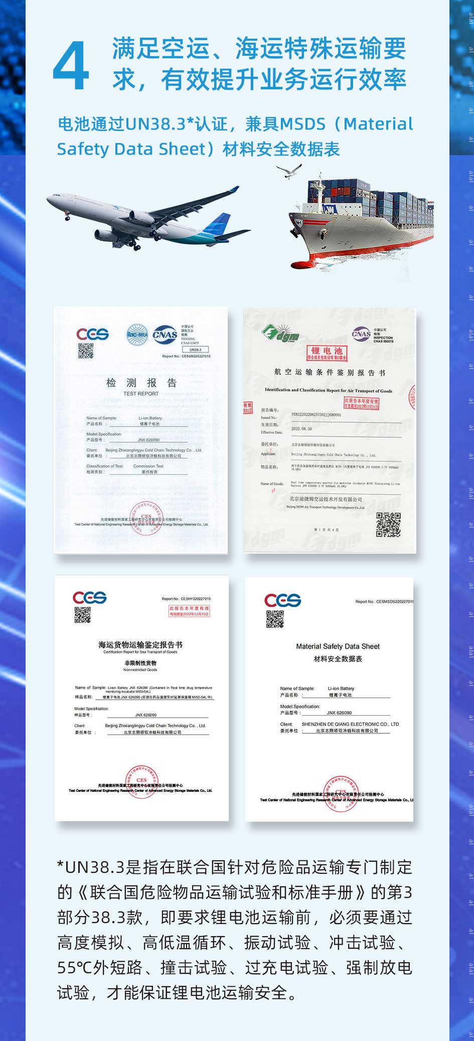 MI50系列溫度監(jiān)測儀電池通過UN38.3*認(rèn)證，兼具MSDS（Material Safety Data Sheet）材料安全數(shù)據(jù)表，滿足空運、海運特殊運輸要求，有效提升業(yè)務(wù)運行效率。