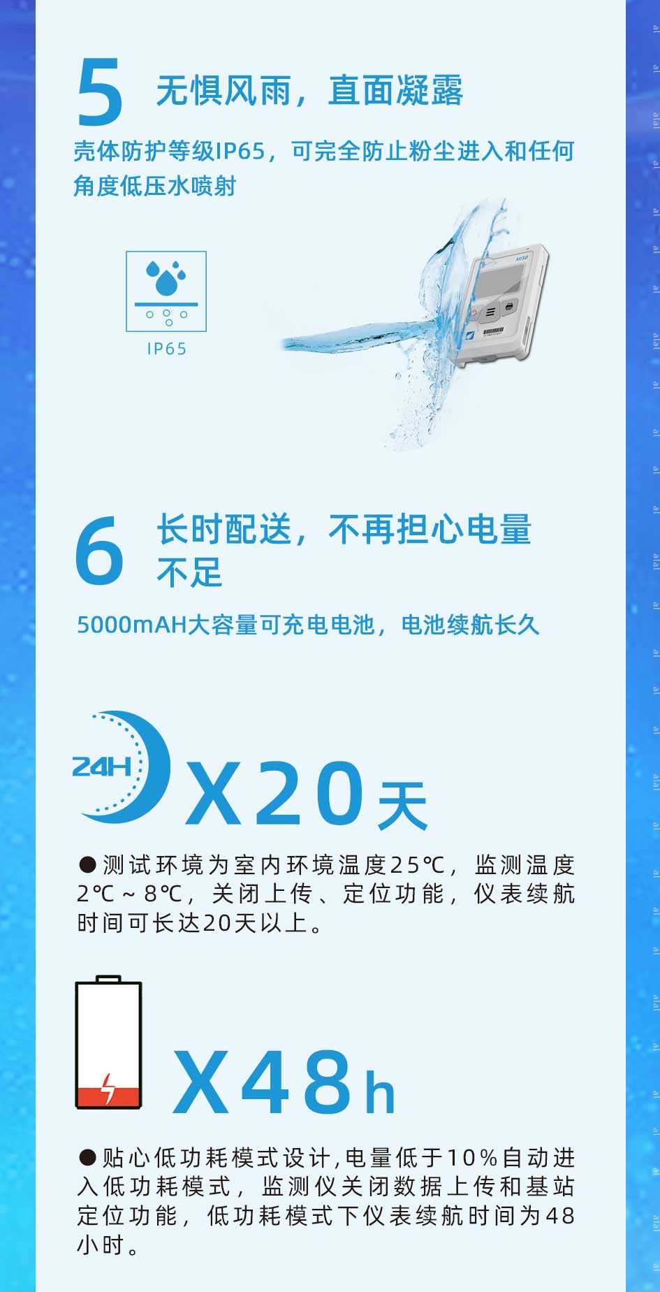 MI50系列溫度監(jiān)測儀殼體防護等級IP65，可完全防止粉塵進入和任何角度低壓水噴射，配備5000mAH大容量可充電電池，電池續(xù)航長久。測試環(huán)境為室內(nèi)環(huán)境溫度25℃，溫度監(jiān)測2℃～8℃，關(guān)閉上傳、定位功能，儀表續(xù)航時間可長達20天以上。電量低于10%自動進入低功耗模式，監(jiān)測儀關(guān)閉數(shù)據(jù)上傳和基站定位功能，低功耗模式下儀表續(xù)航時間為48小時。