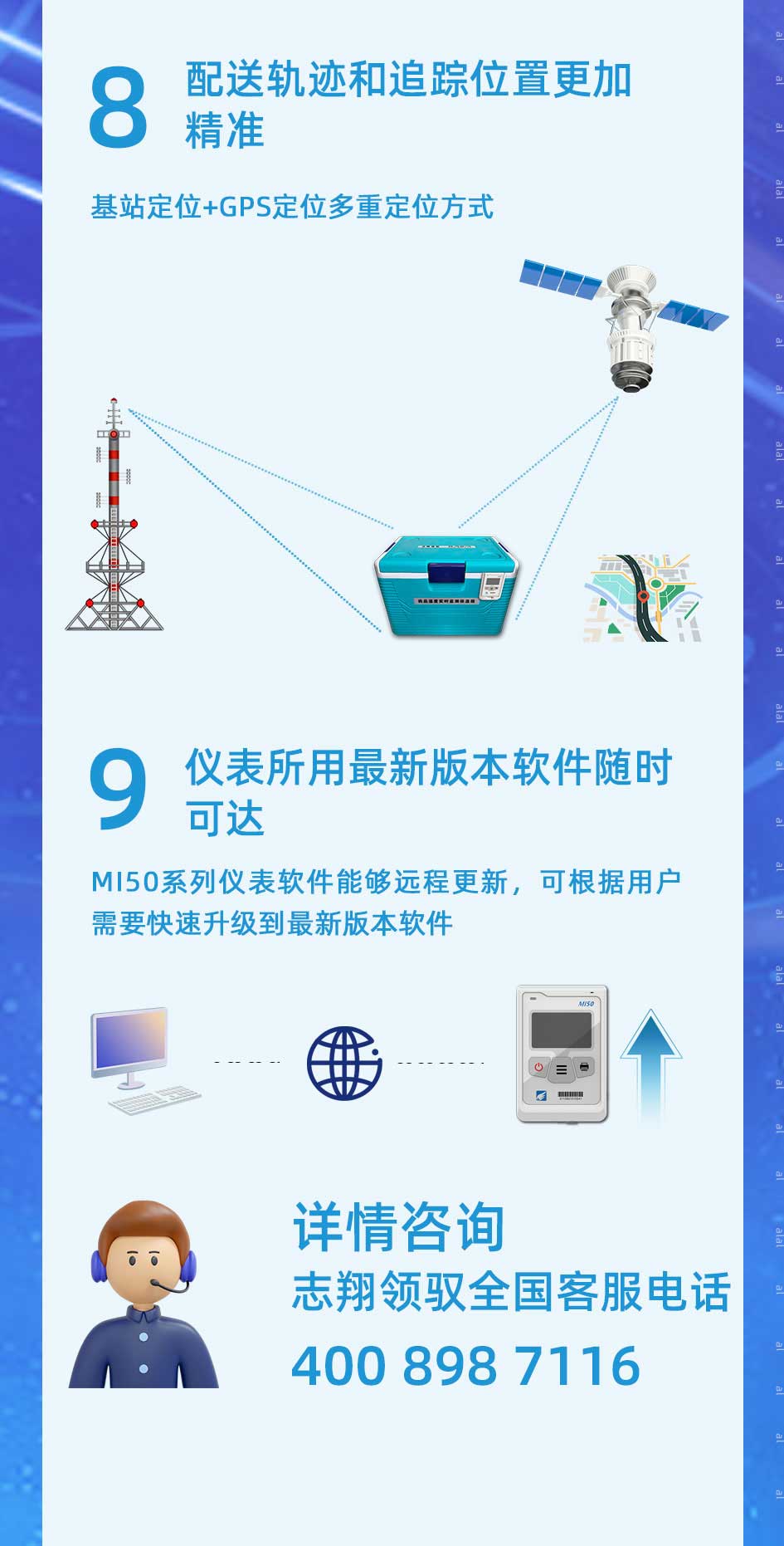 MI50系列溫度監(jiān)測儀具備基站定位+GPS定位多重定位方式。軟件能夠遠程更新，可根據(jù)用戶需要快速升級到最新版本軟件