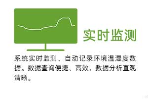 實時監(jiān)測：系統(tǒng)實時監(jiān)測、自動記錄環(huán)境溫濕度數據。 數據查詢便捷、高效，數據分析直觀清晰。