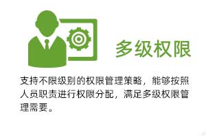 多級權限：支持不限級別的權限管理策略，能夠按照人 員職責進行權限分配，滿足多級權限管理需 要。